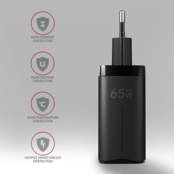 AXAGON ACU-DPQ65, GaN nabíječka do sítě 65W, 3x port (USB-A + dual USB-C), PD3.0/QC4+/PPS/Apple, černá