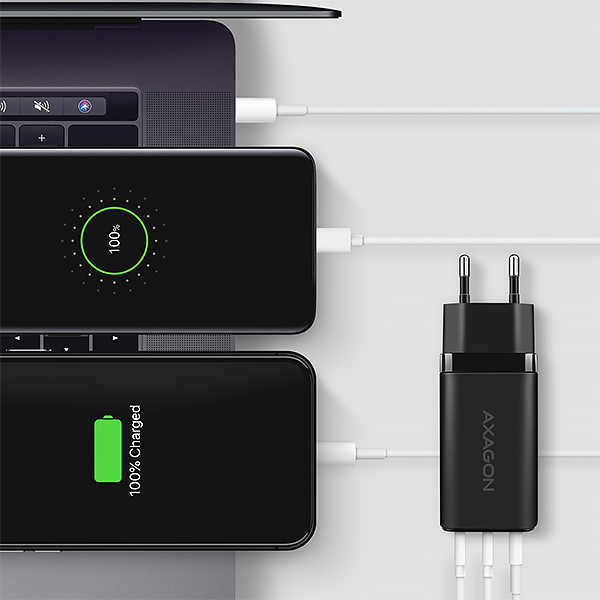 AXAGON ACU-DPQ65, GaN nabíječka do sítě 65W, 3x port (USB-A + dual USB-C), PD3.0/QC4+/PPS/Apple, černá