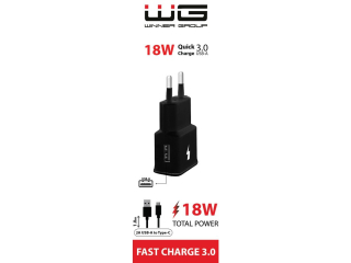 WG - Síťová nabíječka 1x USB-A, Quick Charge 3.0, 5V-9V-12V, + kabel USB-A na Type-C, černá