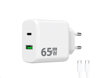 WG - Síťová nabíječka GaN 2x USB 65W, 1x USB-C PD 65W + 1x USB-A QC 3.0 18W, kabel Type-C na Type-C, bílá