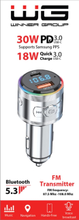 WG - Nabíječka do auta, Transmitter FM, USB-A QC 3.0 18W + USB-C PD 30W, stříbrná